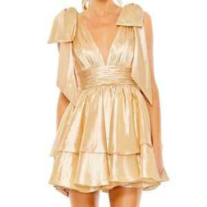Mac Duggal gold oversized bow deep v ruffle mini cocktail dress